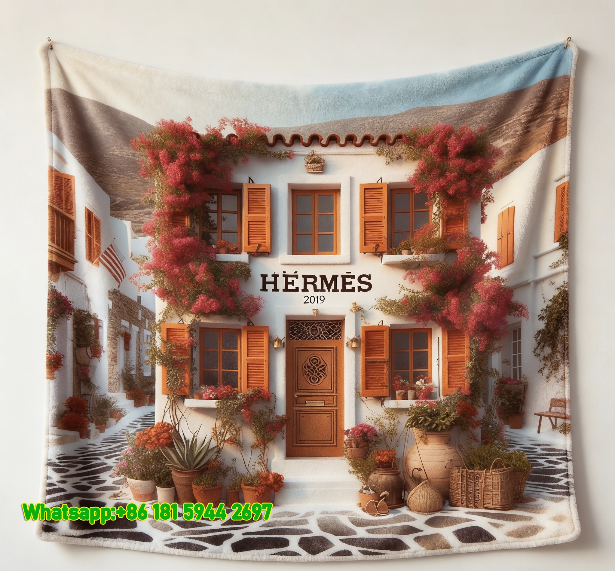 Luxury Hermès Santorini Bougainvillea Street Print Flannel Throw Blanket IMG_5186